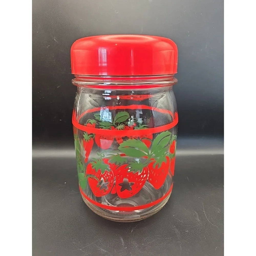 Strawberry Glass‎ Red Lid Candy Jar Canister Vintage Summer Marked CR